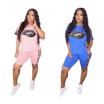 Casual Lips Printed Round Neck Short Sleeves And Shorts Large Size Two Piece Suit LSN757