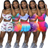 Sexy Coloring Printed Suspender Mini Top With Shorts Two Piece Set YT3230