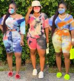 Tie-dye V-neck fat woman size fashion home sports shorts suit (including mask) AJ4115