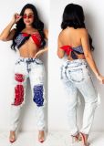 Personalized Printed Stitching Hole Straight Jeans LY5882