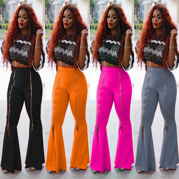 Fashion high waist slimming ruffled flared zipper solid color casual wide-leg pants MR2065