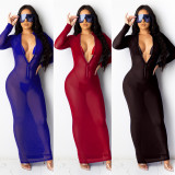 Sexy Mesh Perspective Zipper V-Neck Long Sleeves Bodycon Long Dress F226