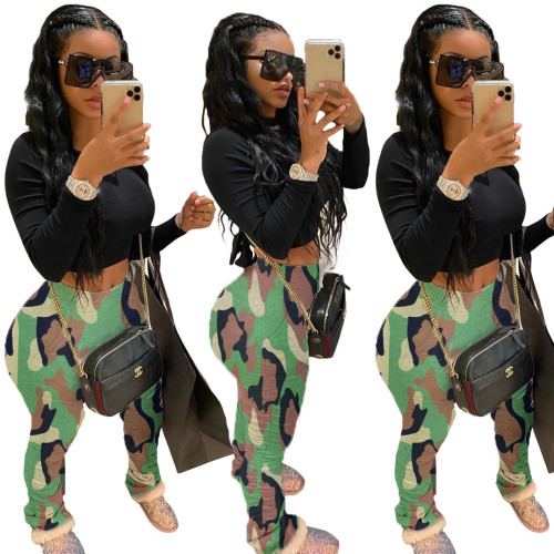Sexy camouflage printed hips, pleated elastic cotton pants LM8134