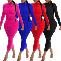 Sexy Solid Color High Neck Long Sleeves Pleated Bodycon Long Dress QQM4130