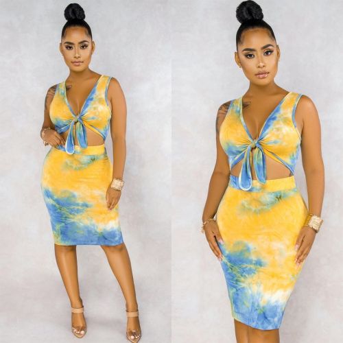 Tie-dyed printed sleeveless sleeveless sexy fashion skirt two-piece suit YZ1191