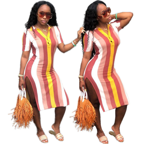 Striped Leisure Short Sleeves Rainbow Printing Split Dress MN8051