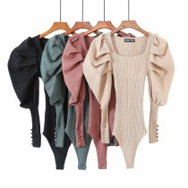 Fashion Knitting Solid Color Square Neck Puff Sleeves Bodysuit SS-27012