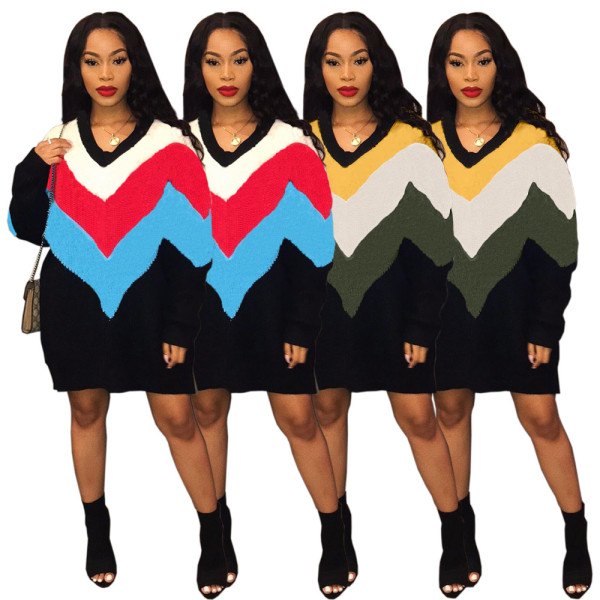 Trendy Loose Color Block Long Sleeved Women Dress YT3193