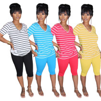 Color striped T-shirt stitching solid color pants suit LA3186