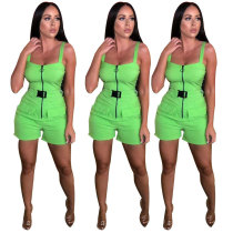 Green Women Leisure Zipper Condole Belt Short Jumpsuit TK6006