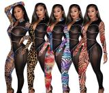 Sexy Leopard Printed Stitching Zipper V-Neck Long Sleeves Bodycon Jumpsuit Q681