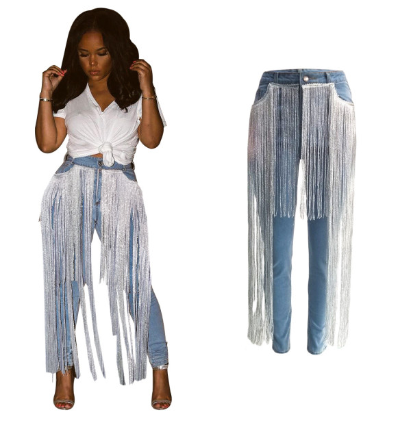 Europe And America Mid Waist Casual Lady Tassel Slinky Jeans SN3710