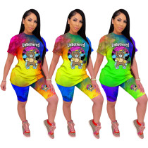 Fashion casual tie-dye cartoon printed short-sleeved shorts two-piece suit SDD9241