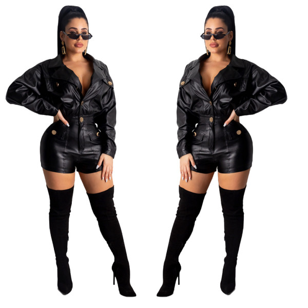 Black Stylish Women Turn Down Collar Pu Leather Short Jumpsuit A8630