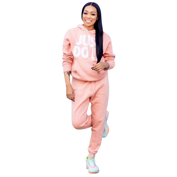 Casual Suits Letters Printing Hoodie Autumn Pink Pants LM037