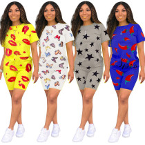 Women\'s casual printed short-sleeved sports two-piece suit LSN738