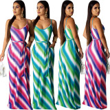 Printing Women Spaghetti Strap Long Dress With Belt AMM8163