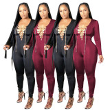 Sexy Solid Color Hollow Out V-Neck Long Sleeves Bodycon Jumpsuit MA6617
