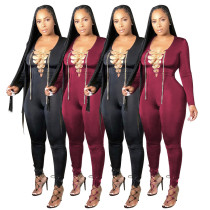 Sexy Solid Color Hollow Out V-Neck Long Sleeves Bodycon Jumpsuit MA6617