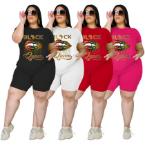 Casual Letter And Lips Printed T-Shirt With Shorts Plus Size Two Piece Set FSL090