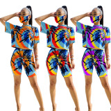 Tie-dyed round neck casual fashion home sports shorts suit (including mask) QZ6094