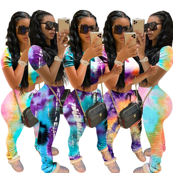 Casual tie-dyed color short-sleeved trousers fold pants sports suit SN3780
