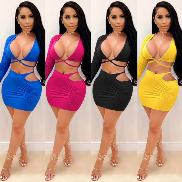 Sexy Solid Color V-Neck Long Sleeves Mini Top With Hollow Out Mini Skirt Two Piece Set XZ3684