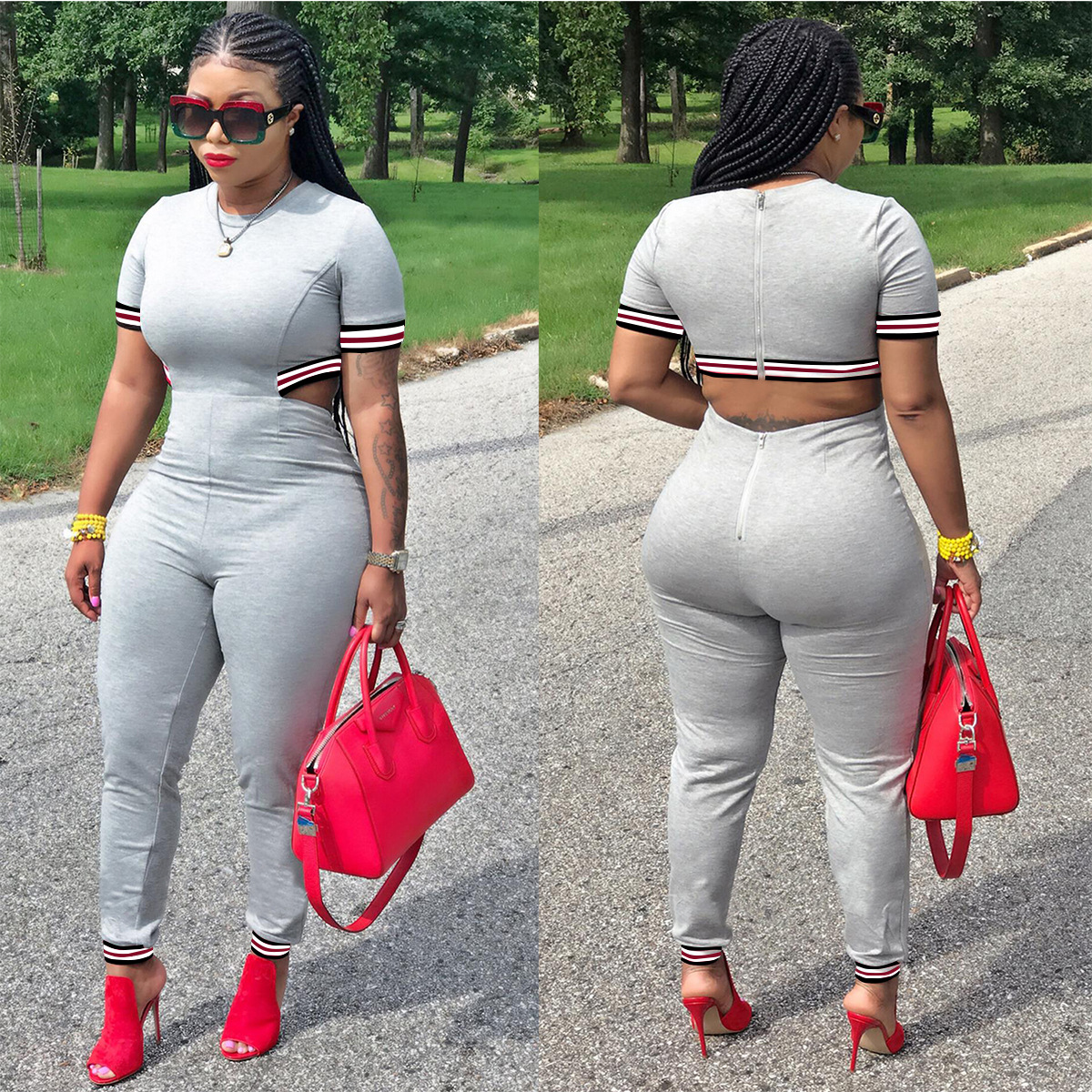 Leisure Short Sleeve Bodycon Jumpsuit With Zipper T3274H