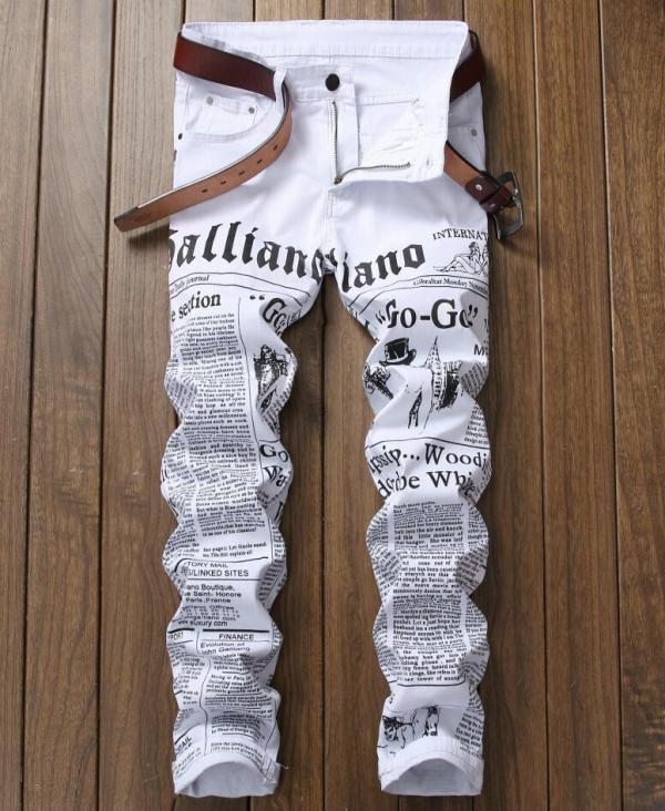 White printed jeans letters English printing stretch Slim casual mens trousers TX9002