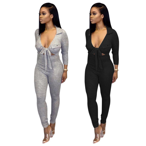 Sexy Solid Color V-Neck Long Sleeves Lace-Up Jumpsuit BS1228