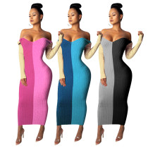 Womens pit strip autumn color matching Slim off-the-shoulder dress Q691