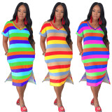 Casual Stripe V Neck Color Block Loose Dress SY8361