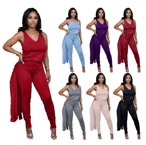 Fashion Solid Color V-Neck Sleeveless Top With Drawstring Trousers With Coat Plus Size Three Piece S