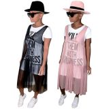 Letters Printing T-Shirt Mesh Pure Color Sleeveless Dress S6177