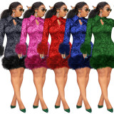 Plus Size Fall&Winter Feather Splicing Bodycon Cocktail Party Dress H1262