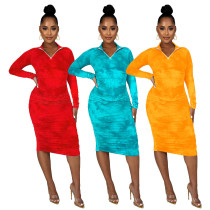 Fashion Tie Dye Printed Zipper Stand Collar Long Sleeve Pleated Midi Dress MA6606