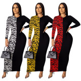 Round Collar Zebra Printing Patchwork Ankle Length Dress SDD9186