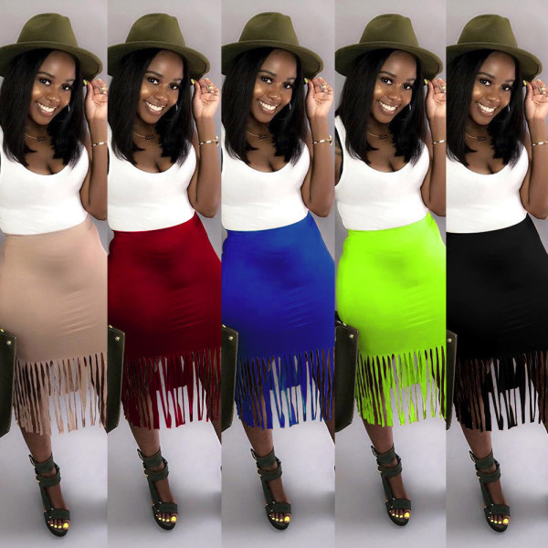 Bodycon Plus Size Women Tassel Plain Color Cheap Skirt K8838