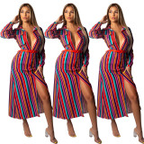 Latest Casual Colorful Stripe Button Down Long Dress ED8043
