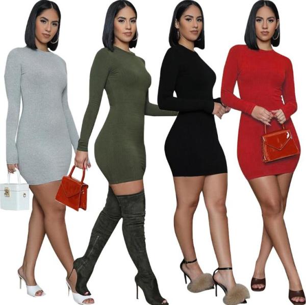 Sexy Solid Color Knitting Round Neck Long Sleeves Bodycon Mini Dress DN8335