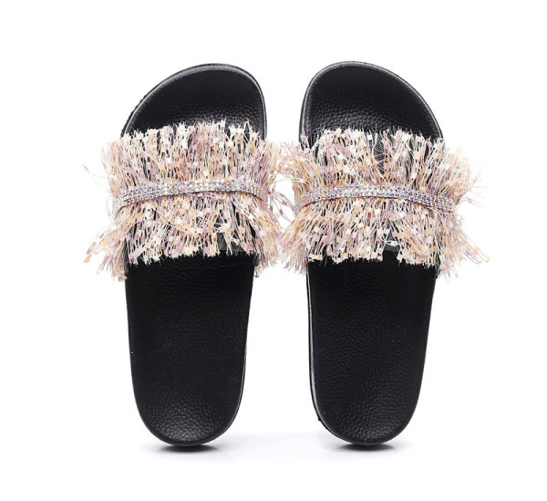 Fringed bright diamond craft, versatile wear-resistant slippers QF664