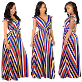 Stylish Stripe Iridescent Deep V Collar Long Dress F8211