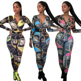 New Arrival Female Adult V Neck Printed Bodycon Jumpsuit YZ2108