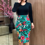 Fashion Solid Color Patchwork Floral Print Bodycon Dress ZYY2403