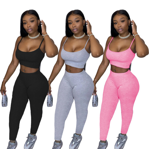 Sports Solid Color Suspenders Waistless Mini Top And Trousers Two-Piece Sets SDD9285