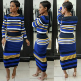 Blue Stripe Bodycon Skirt Suits Crop Top With Midi Dress WY6396