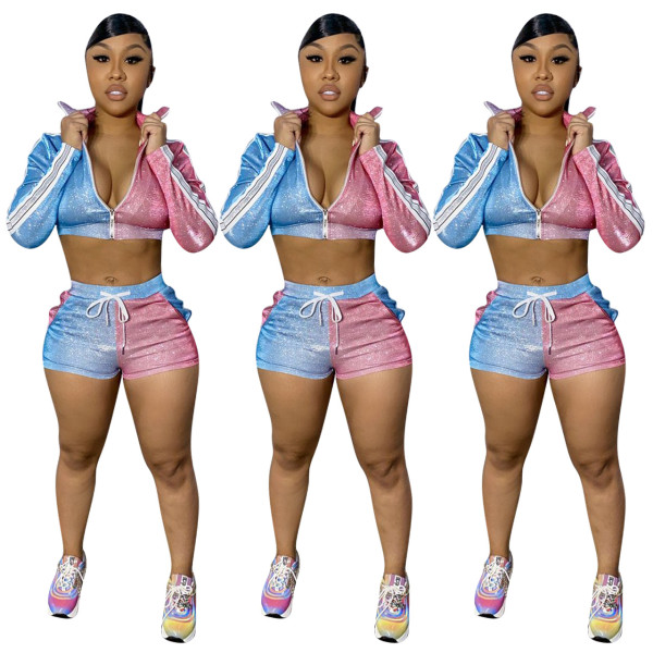 Sports Zipper V-Neck Long Sleeves Mini Top With Drawstring Shorts Two Pieces Sets YD8249
