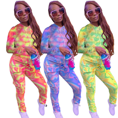 Fashion Tie Dye Printed Long Sleeves Hooded Top With Workwear Pocket Pants Two Piece Set TY1871