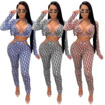 Sexy Letter Printed V-Neck Bra Zipper Long Sleeves Mini Cardigan With Hollow Out Trousers Three Piec