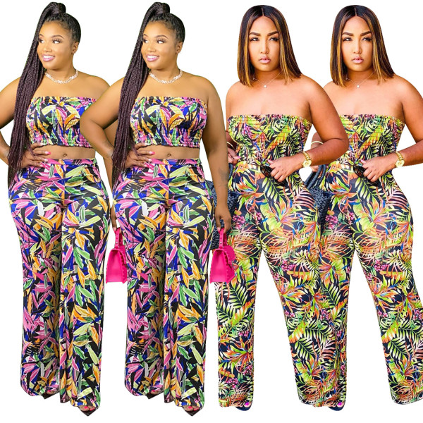 Sexy Printed Backless Strapless And Straight Trousers Two Pieces Sets Q612